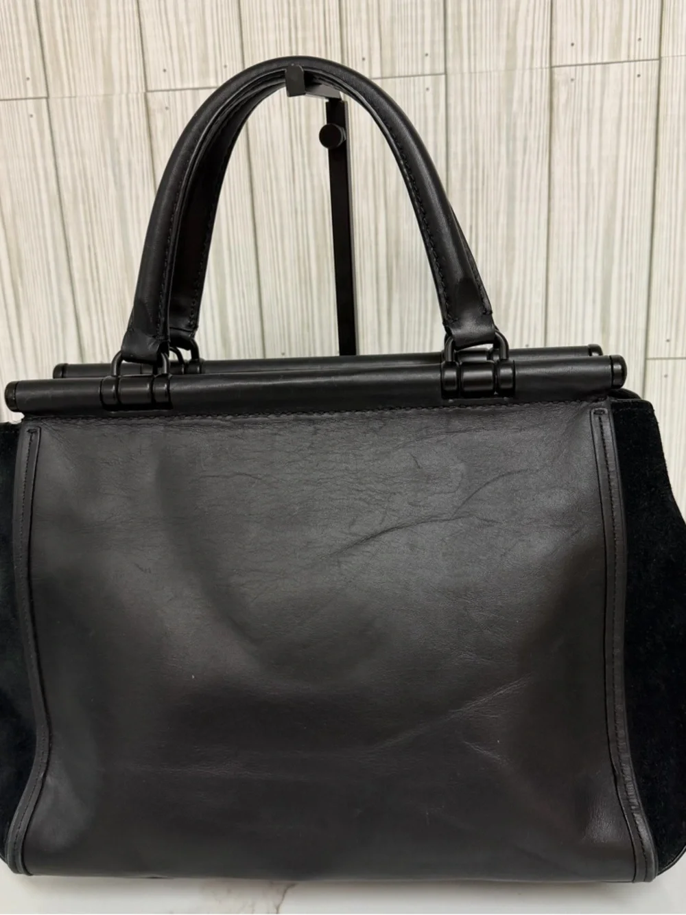 Coach Black Leather & Suede Satchel Top Handle Bag Turnlock Crossbody Purse